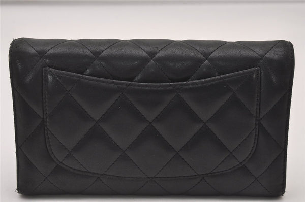 Authentic CHANEL Lamb Skin Matelasse Long Trifold Wallet Purse Black CC 4663I