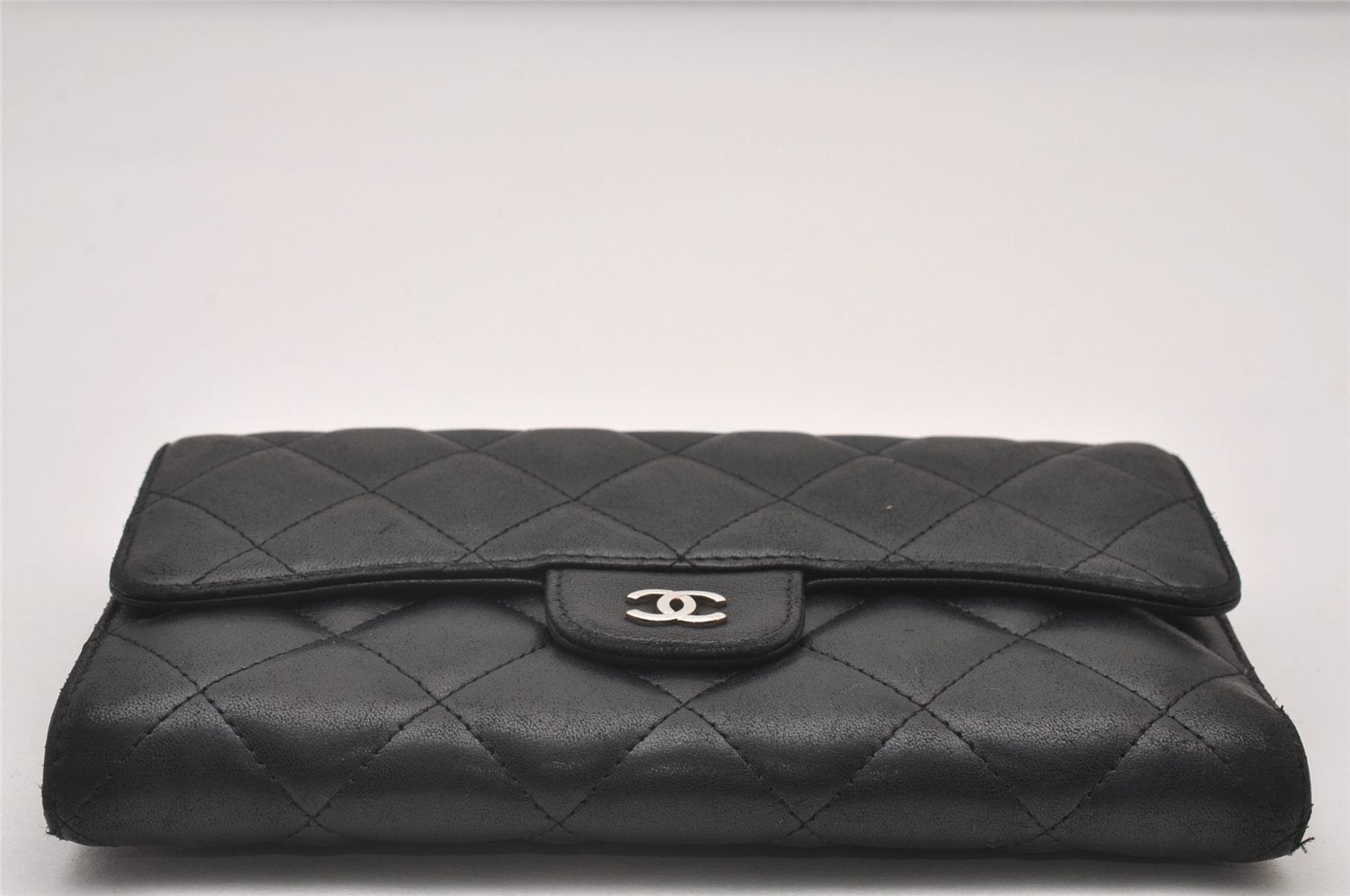 Authentic CHANEL Lamb Skin Matelasse Long Trifold Wallet Purse Black CC 4663I