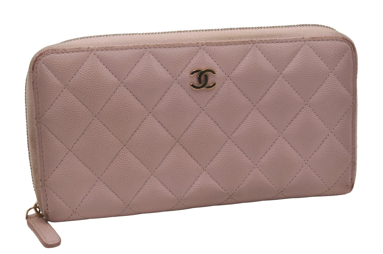 Authentic CHANEL Matelasse Caviar Skin CC Logo Long Wallet Purse Pink 4664I