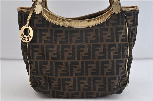 Authentic FENDI Zucca Shoulder Tote Bag Canvas Leather Brown Gold 4684C