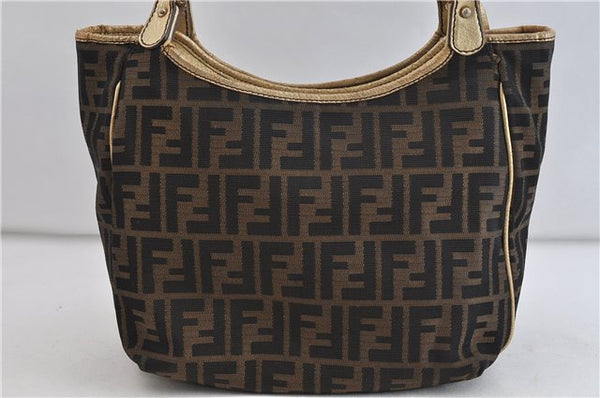 Authentic FENDI Zucca Shoulder Tote Bag Canvas Leather Brown Gold 4684C