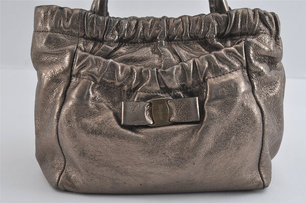 Authentic Salvatore Ferragamo Vara Ribbon Leather 2Way Hand Bag Silver SF 4690I