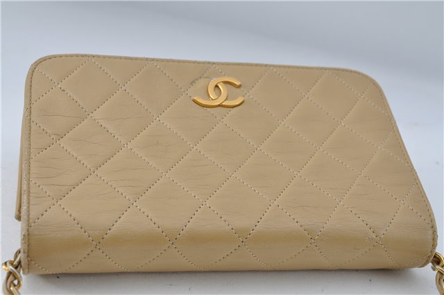 Authentic CHANEL Lamb Skin Matelasse Chain Shoulder Cross Bag Beige Junk 4693C