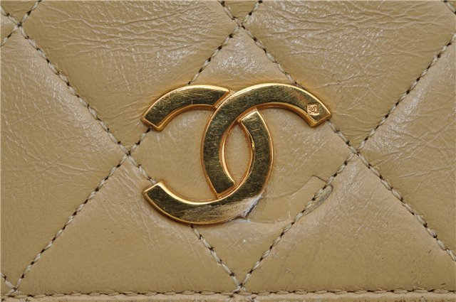 Authentic CHANEL Lamb Skin Matelasse Chain Shoulder Cross Bag Beige Junk 4693C