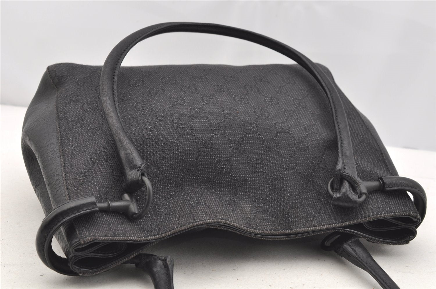 Authentic GUCCI Horsebit Shoulder Tote Bag GG Canvas Leather 101971 Black 4699I