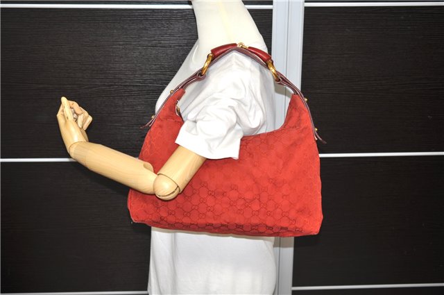 Authentic GUCCI Horsebit Shoulder Hand Bag GG Canvas Leather 115867 Red 4702C