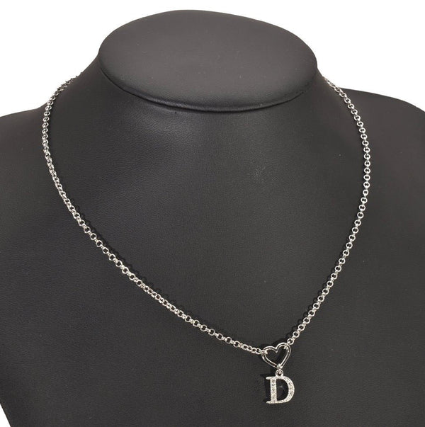 Authentic Christian Dior Silver Tone Heart Motif Rhinestone Chain Necklace 4711I