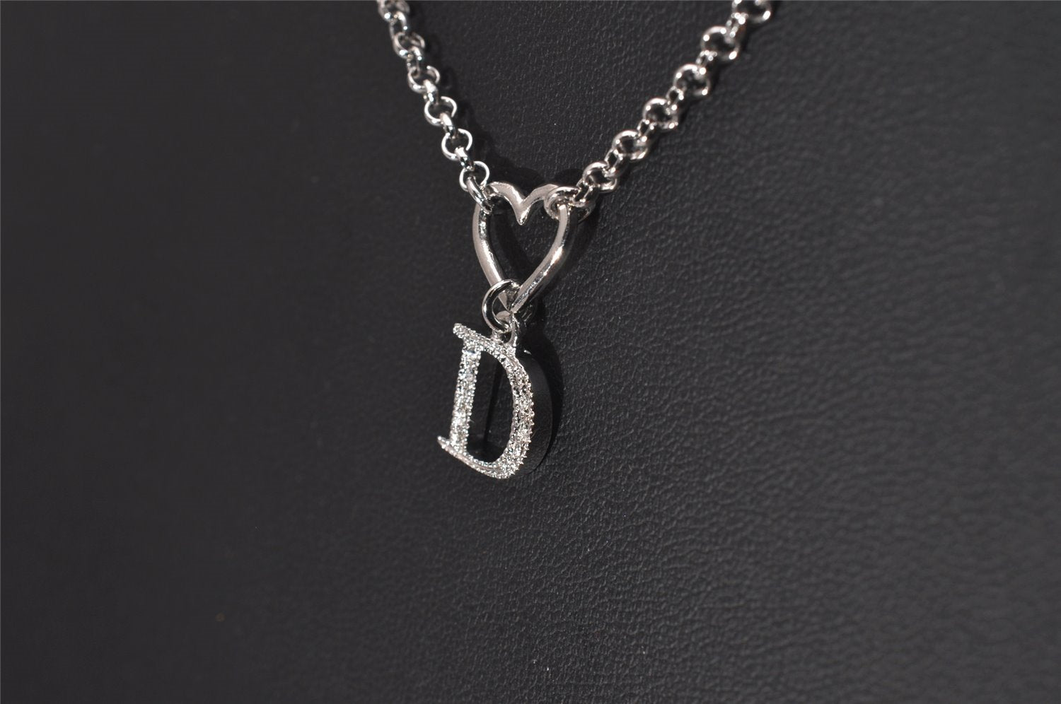 Authentic Christian Dior Silver Tone Heart Motif Rhinestone Chain Necklace 4711I