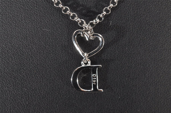 Authentic Christian Dior Silver Tone Heart Motif Rhinestone Chain Necklace 4711I