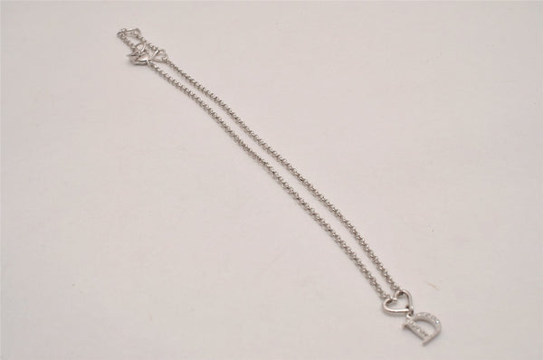 Authentic Christian Dior Silver Tone Heart Motif Rhinestone Chain Necklace 4711I