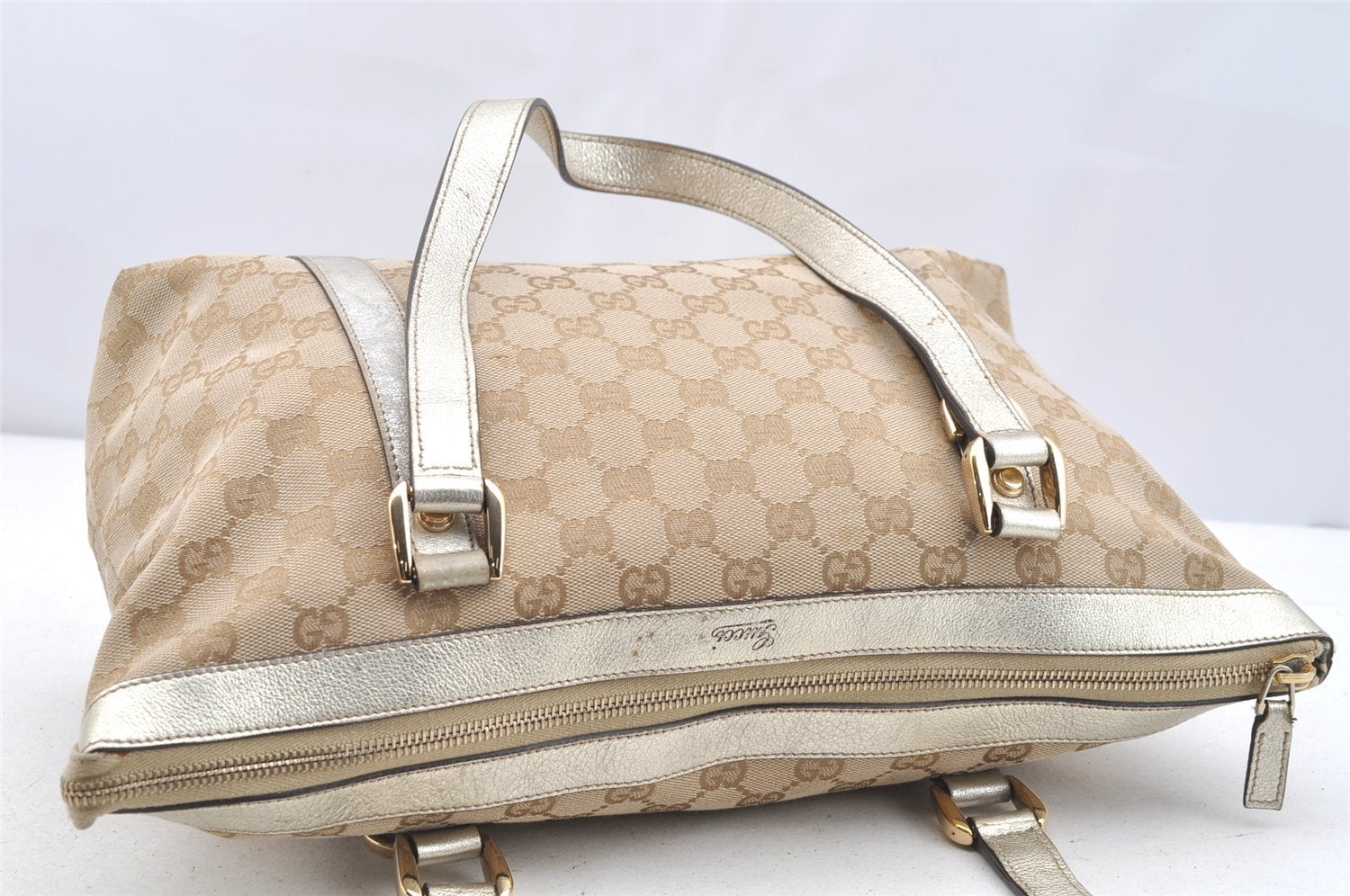 Authentic GUCCI Abbey Shoulder Tote Bag GG Canvas Leather 141470 Beige 4714I