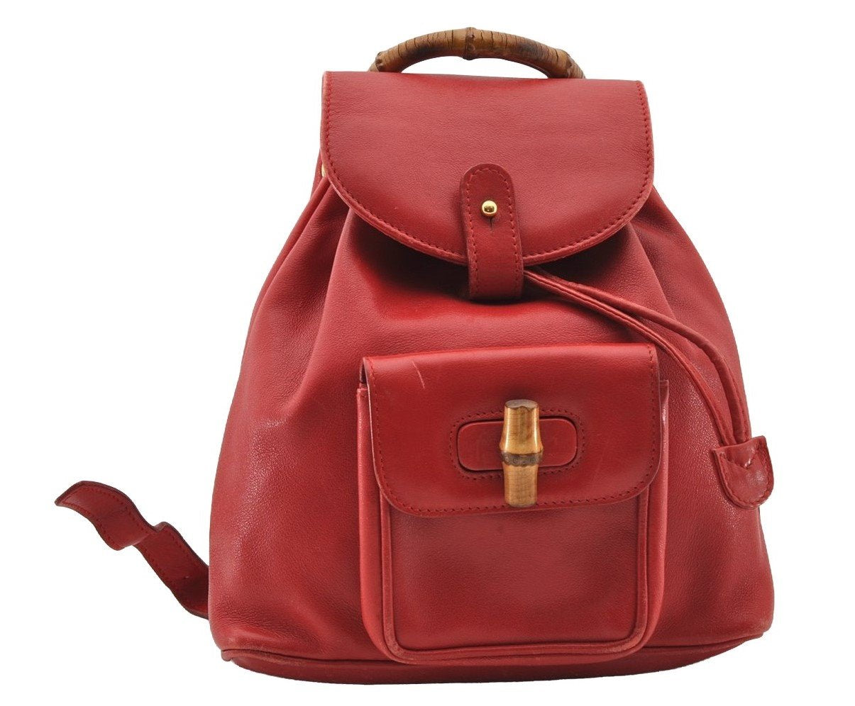 Authentic GUCCI Bamboo Vintage Drawstring Backpack Leather Red 4715I