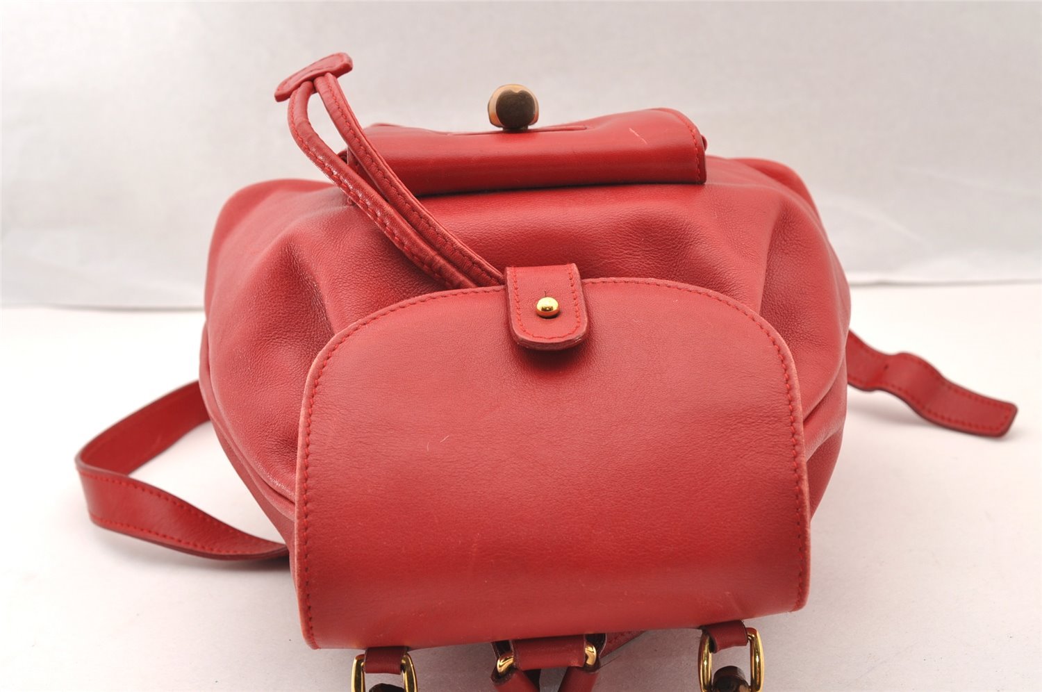 Authentic GUCCI Bamboo Vintage Drawstring Backpack Leather Red 4715I