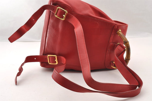 Authentic GUCCI Bamboo Vintage Drawstring Backpack Leather Red 4715I