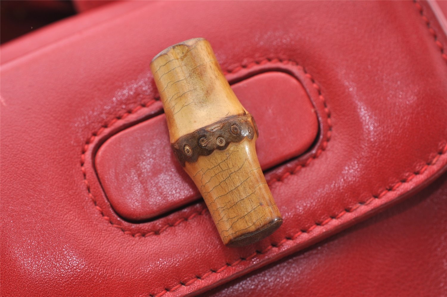 Authentic GUCCI Bamboo Vintage Drawstring Backpack Leather Red 4715I