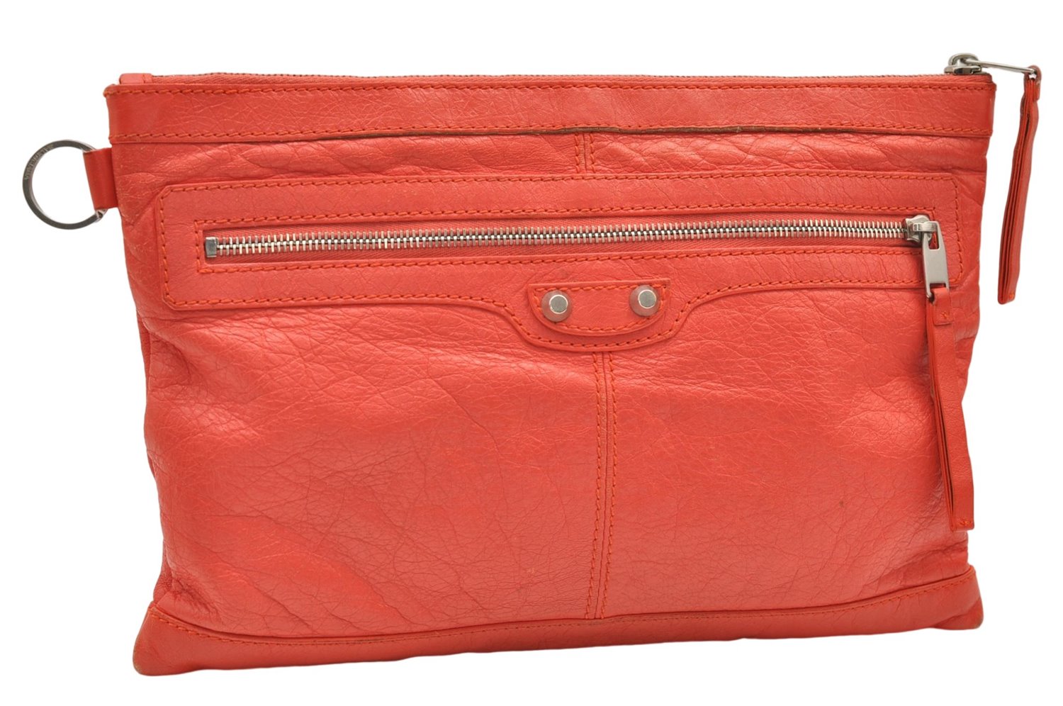 Authentic BALENCIAGA Classic Clip M Clutch Bag Purse Leather 273022 Orange 4724E