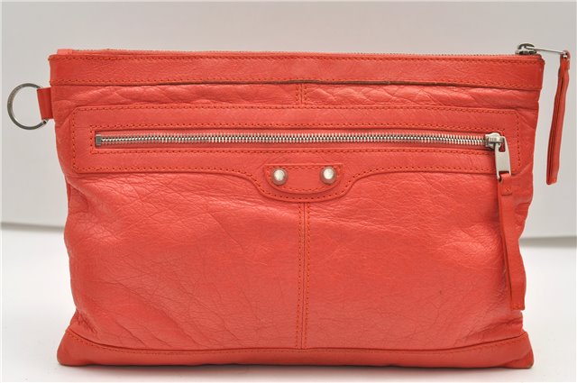 Authentic BALENCIAGA Classic Clip M Clutch Bag Purse Leather 273022 Orange 4724E