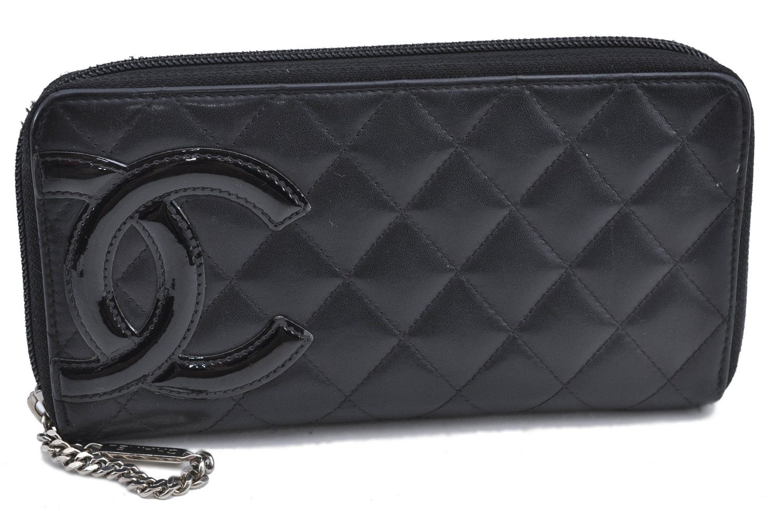 Authentic CHANEL Calf Skin Cambon Line CC Logo Long Wallet Purse Black 4725A