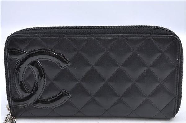 Authentic CHANEL Calf Skin Cambon Line CC Logo Long Wallet Purse Black 4725A
