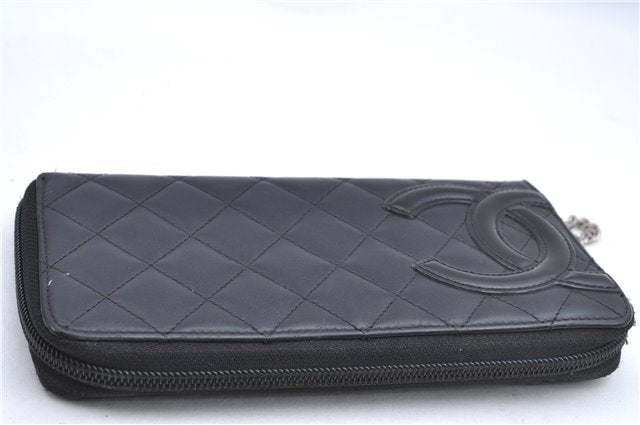 Authentic CHANEL Calf Skin Cambon Line CC Logo Long Wallet Purse Black 4725A