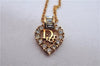 Authentic Christian Dior Heart Rhinestone Chain Pendant Necklace Gold CD 4733E
