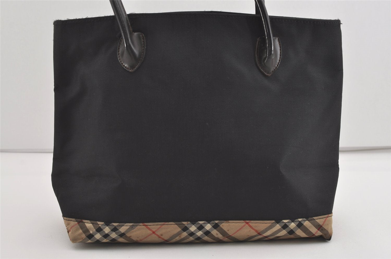 Authentic BURBERRY BLUE LABEL Check Hand Tote Bag Nylon Leather Black 4735I