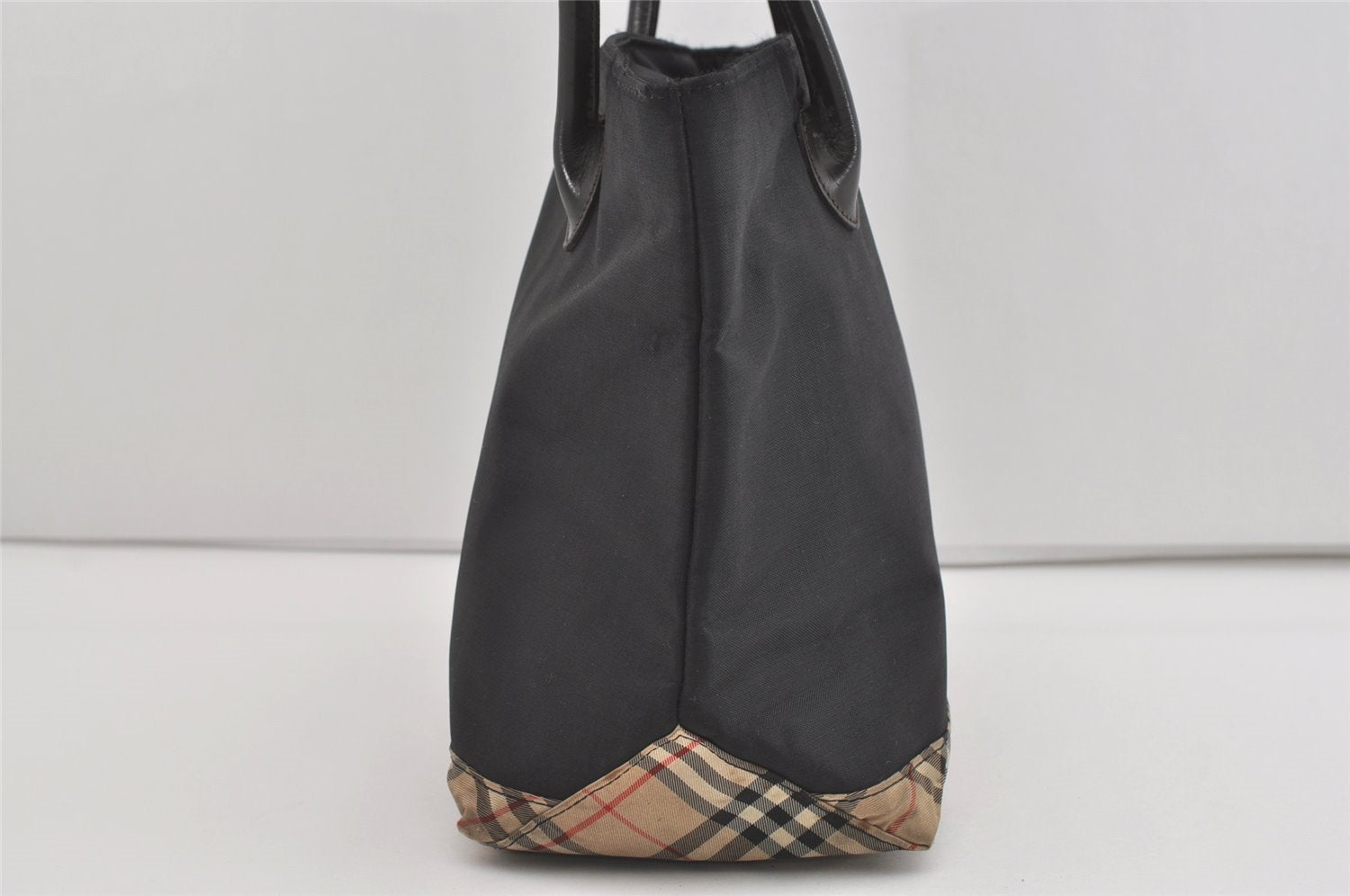 Authentic BURBERRY BLUE LABEL Check Hand Tote Bag Nylon Leather Black 4735I