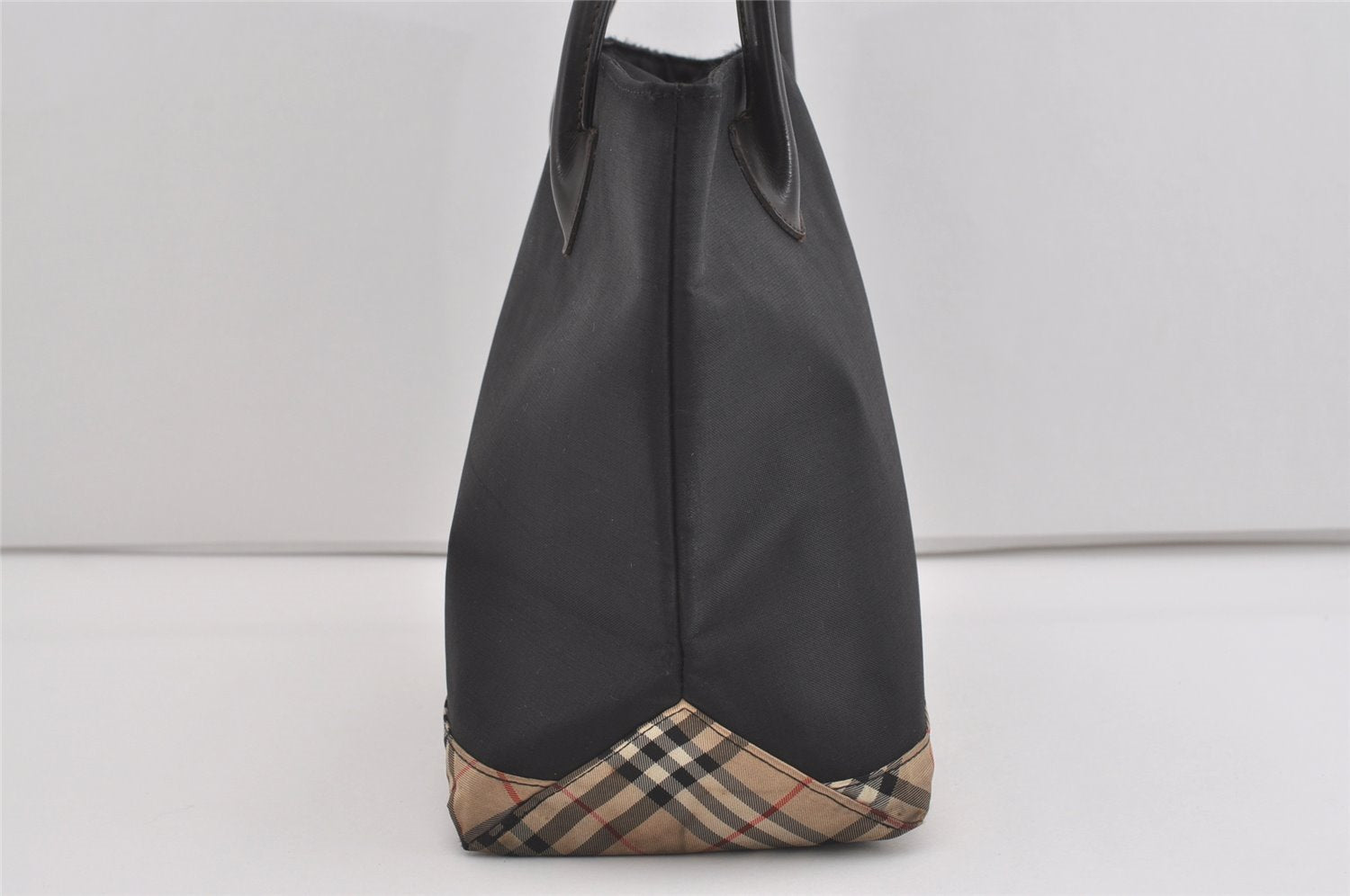 Authentic BURBERRY BLUE LABEL Check Hand Tote Bag Nylon Leather Black 4735I