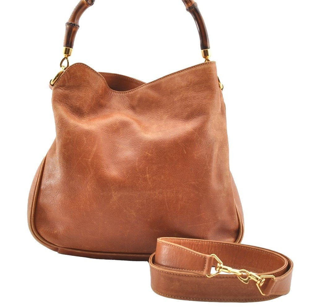 Authentic GUCCI Bamboo 2Way Shoulder Crossbody Hand Bag Leather Brown Junk 4740I