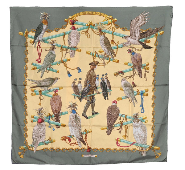 Authentic HERMES Carre 90 Scarf "LES OISEAUX DU ROY" Silk Green Box 4762F