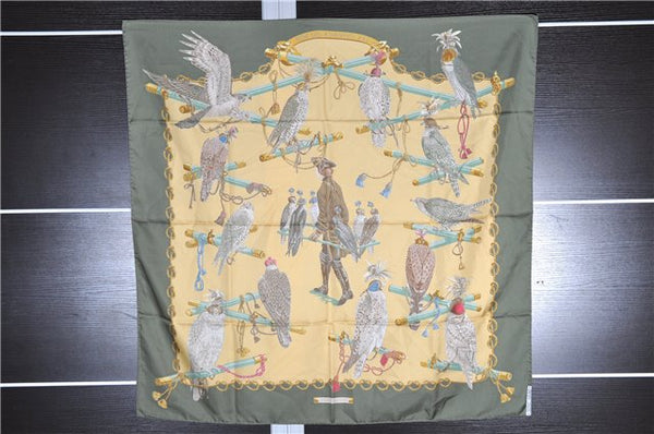 Authentic HERMES Carre 90 Scarf "LES OISEAUX DU ROY" Silk Green Box 4762F