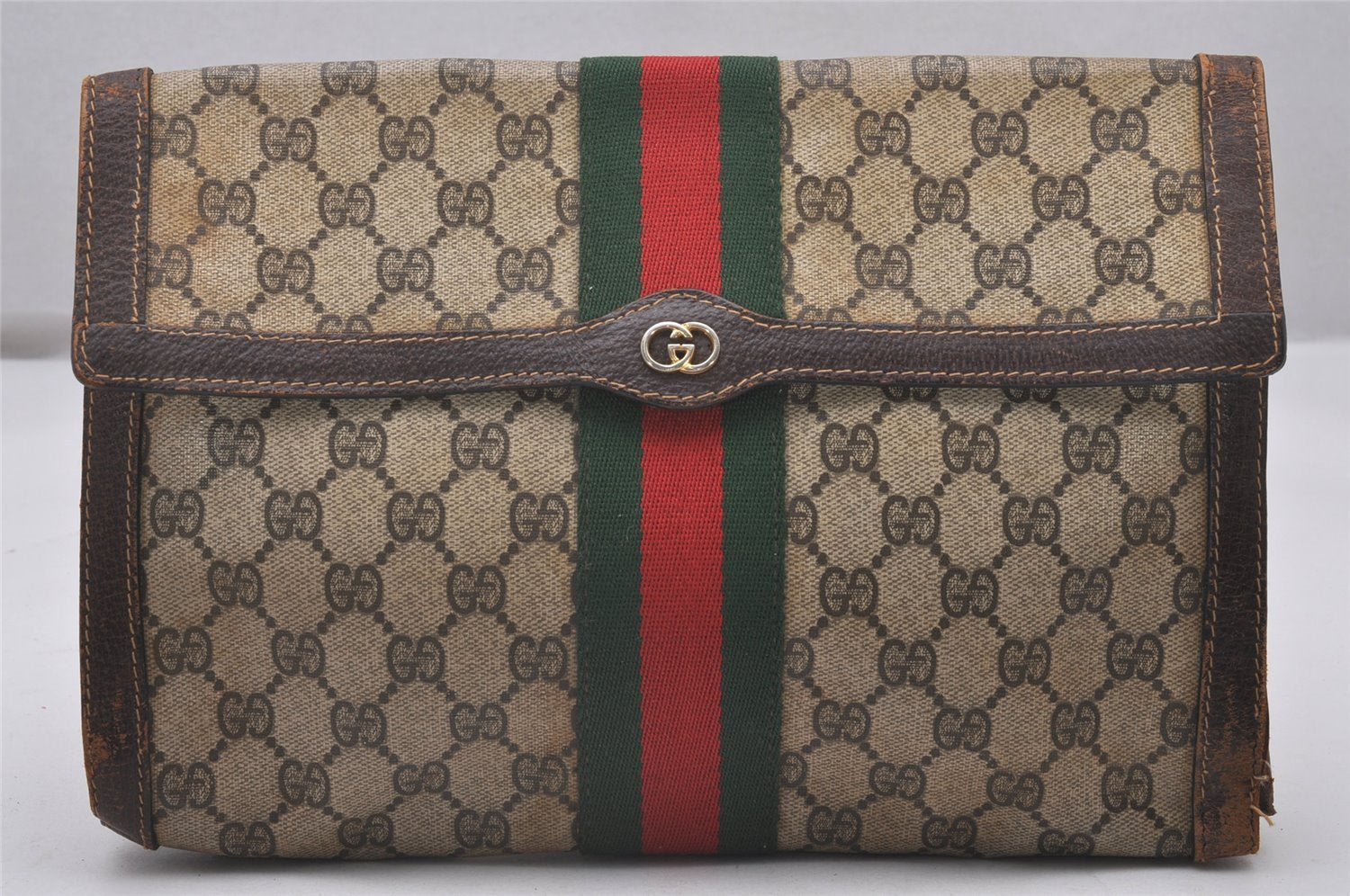 Authentic GUCCI Web Sherry Line Clutch Hand Bag GG PVC Leather Brown Junk 4765I
