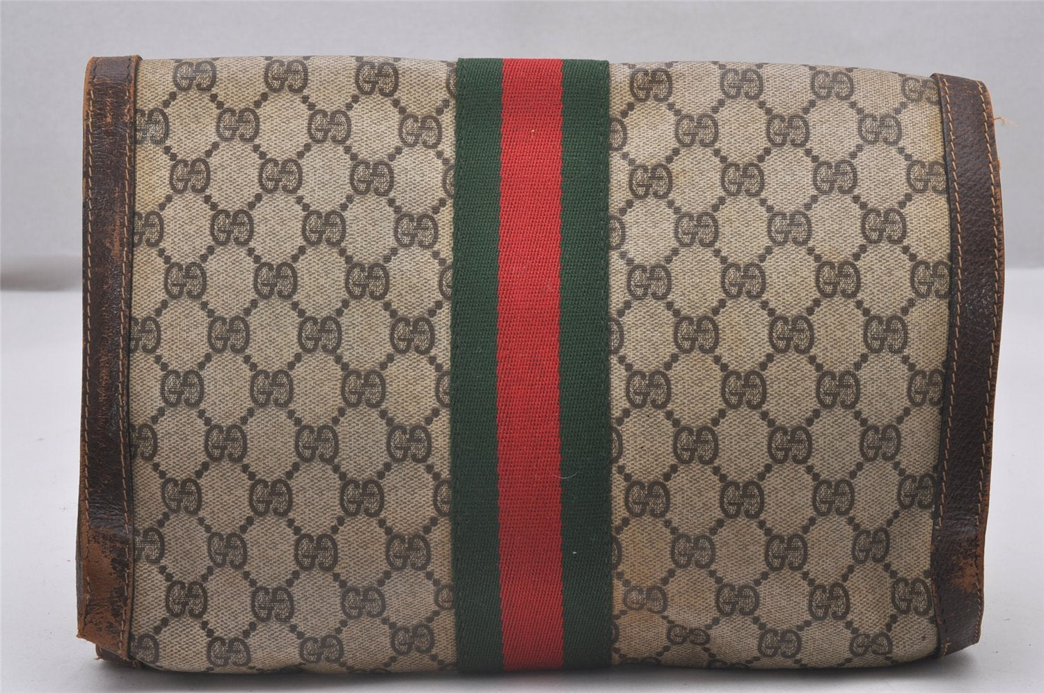 Authentic GUCCI Web Sherry Line Clutch Hand Bag GG PVC Leather Brown Junk 4765I