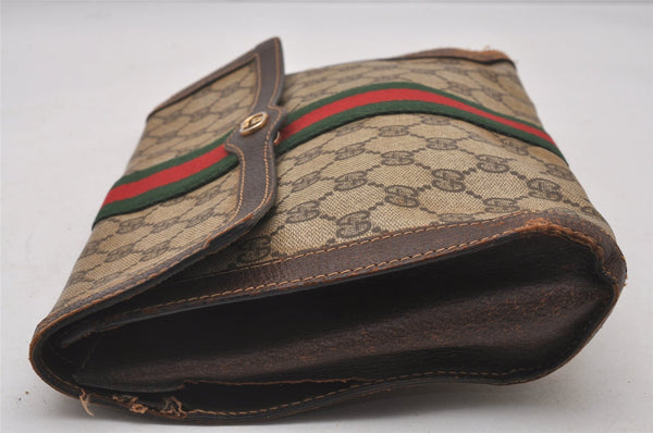 Authentic GUCCI Web Sherry Line Clutch Hand Bag GG PVC Leather Brown Junk 4765I