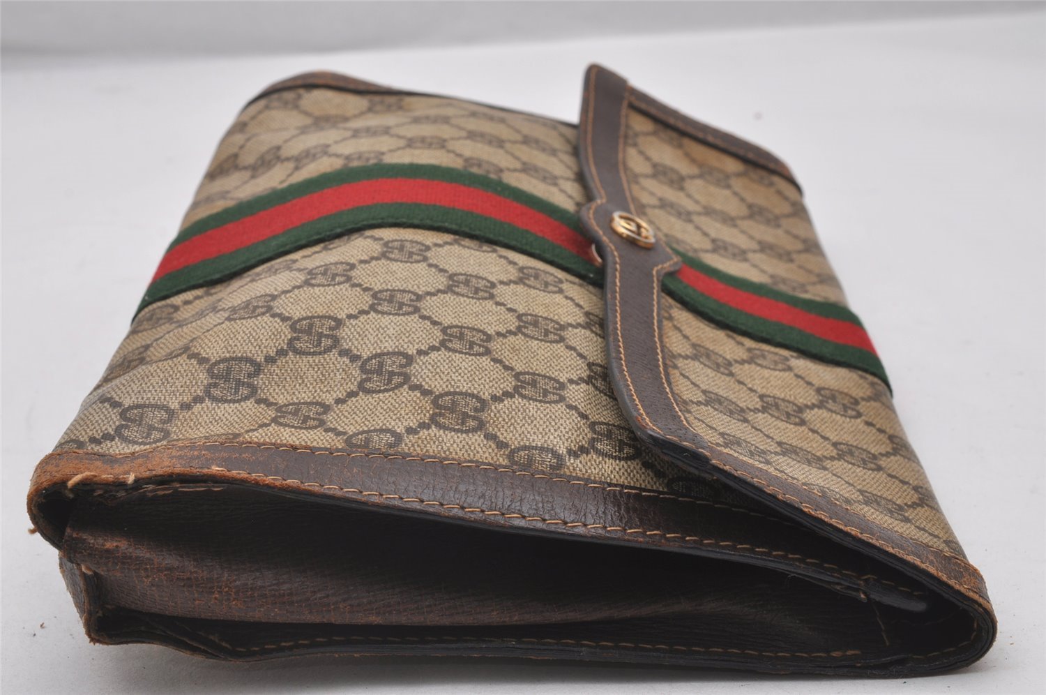 Authentic GUCCI Web Sherry Line Clutch Hand Bag GG PVC Leather Brown Junk 4765I