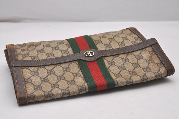 Authentic GUCCI Web Sherry Line Clutch Hand Bag GG PVC Leather Brown Junk 4765I