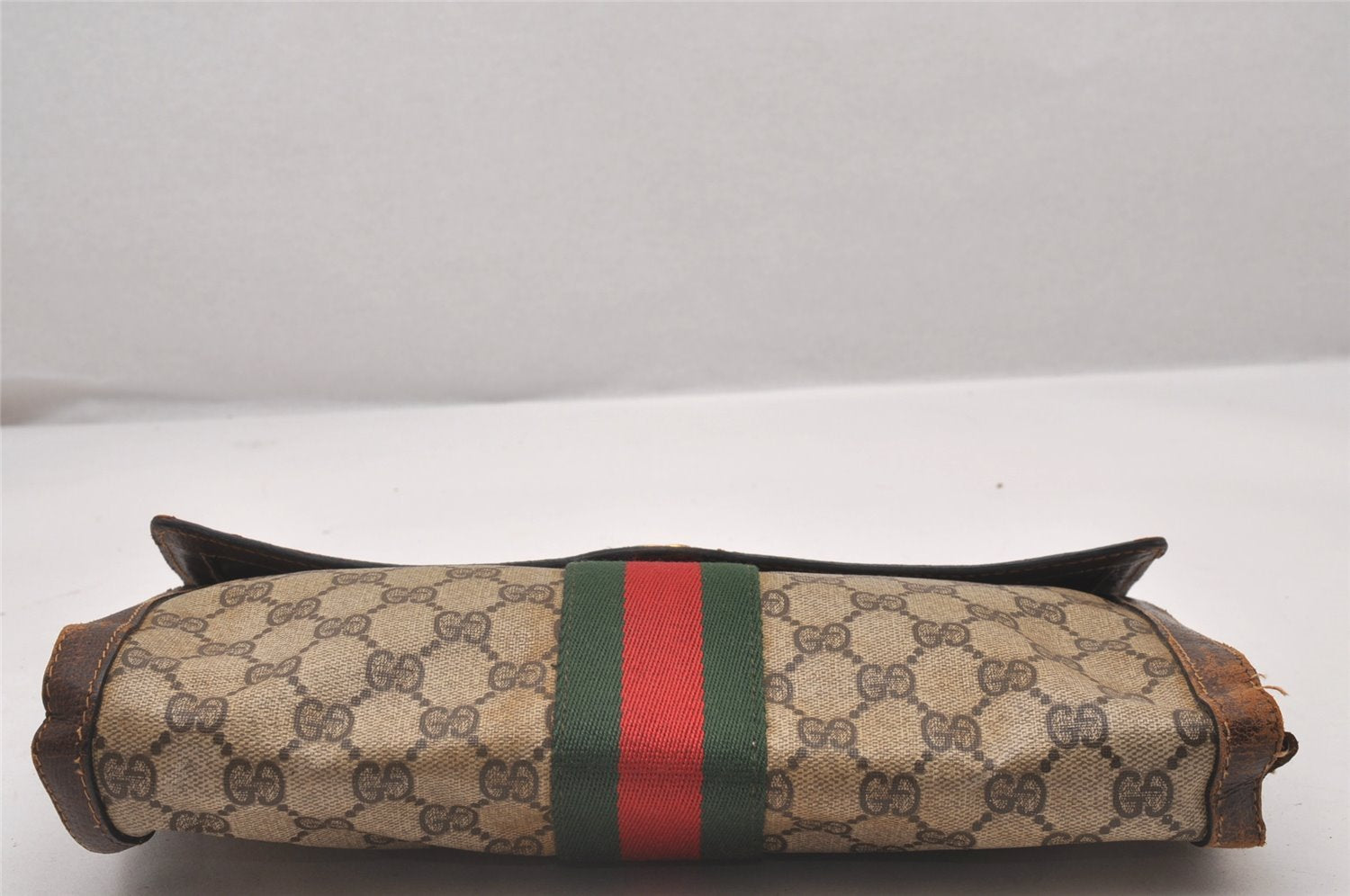 Authentic GUCCI Web Sherry Line Clutch Hand Bag GG PVC Leather Brown Junk 4765I