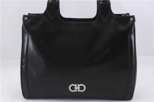 Authentic Ferragamo Gancini Leather Shoulder Tote Bag Black 4768D
