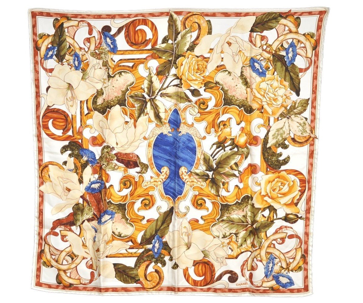 Authentic CHANEL Scarf Vintage Flower Motif CC Logo Silk White 4770I