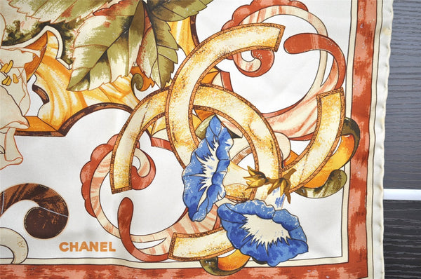 Authentic CHANEL Scarf Vintage Flower Motif CC Logo Silk White 4770I