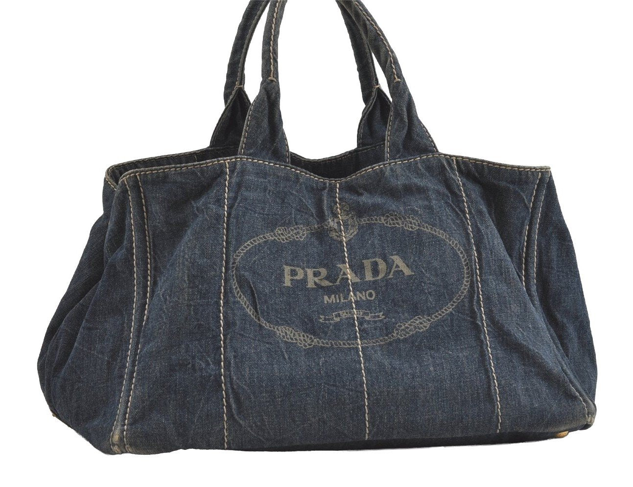 Authentic PRADA Vintage Canapa L Canvas Tote Hand Bag Denim Blue 4773I