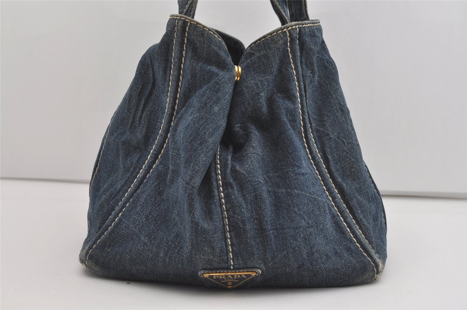 Authentic PRADA Vintage Canapa L Canvas Tote Hand Bag Denim Blue 4773I