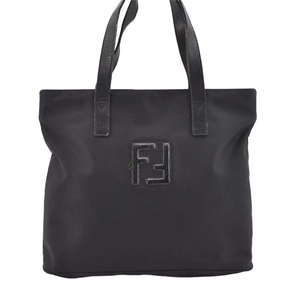 Authentic FENDI Vintage Nylon Leather Hand Tote Bag Black 4776I