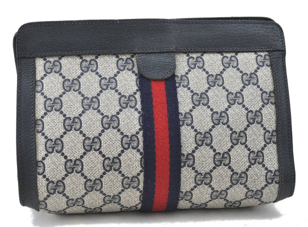 Authentic GUCCI Sherry Line Clutch Hand Bag Purse GG PVC Leather Navy Blue 4784D