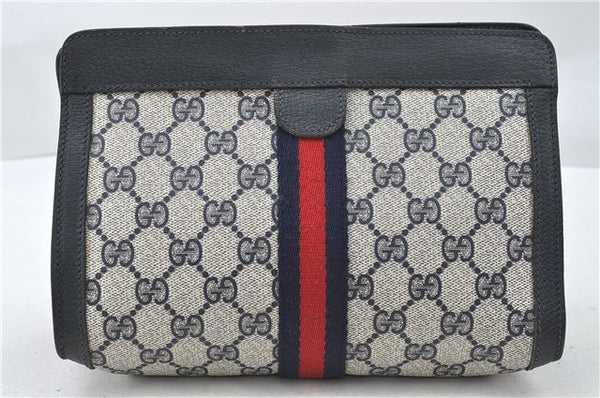 Authentic GUCCI Sherry Line Clutch Hand Bag Purse GG PVC Leather Navy Blue 4784D