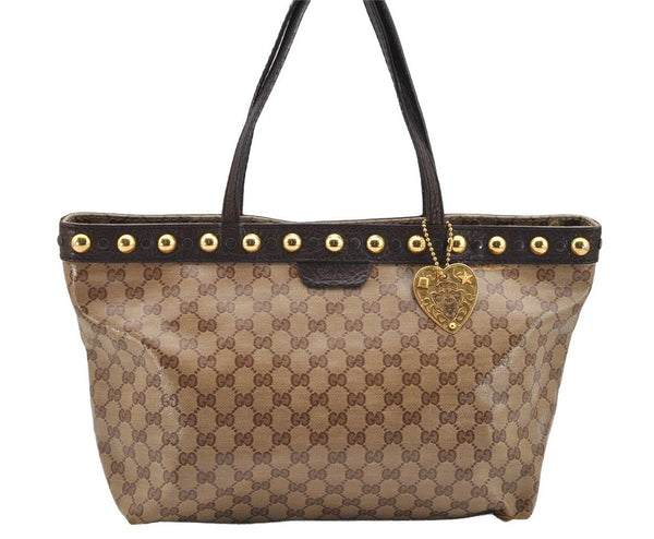 Authentic GUCCI Heart Crest GG Crystal PVC Leather Tote Bag 207291 Brown 4794I