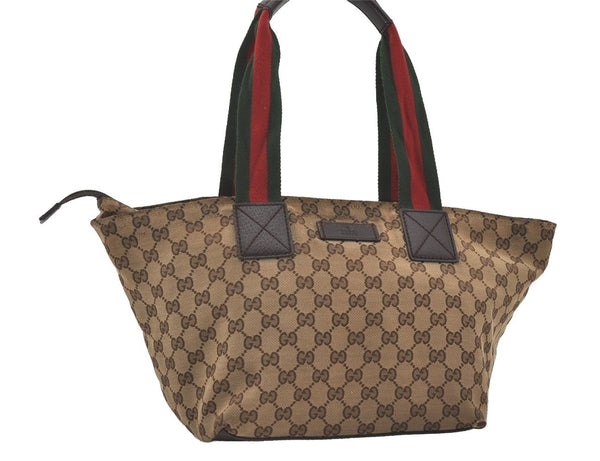 Authentic GUCCI Web Sherry Line Tote Bag GG Canvas Leather 131230 Brown 4796I