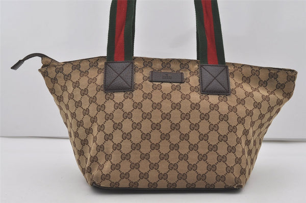 Authentic GUCCI Web Sherry Line Tote Bag GG Canvas Leather 131230 Brown 4796I