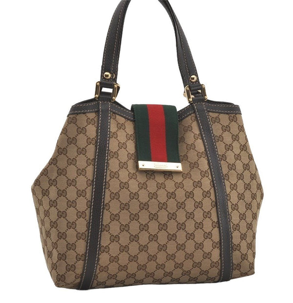 Authentic GUCCI Web Sherry Line Tote Bag GG Canvas Leather 364835 Brown 4797I