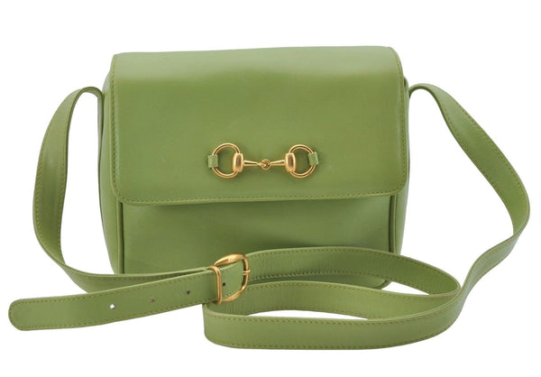 Authentic GUCCI Horsebit Shoulder Cross Body Bag Purse Leather Light Green 4799D